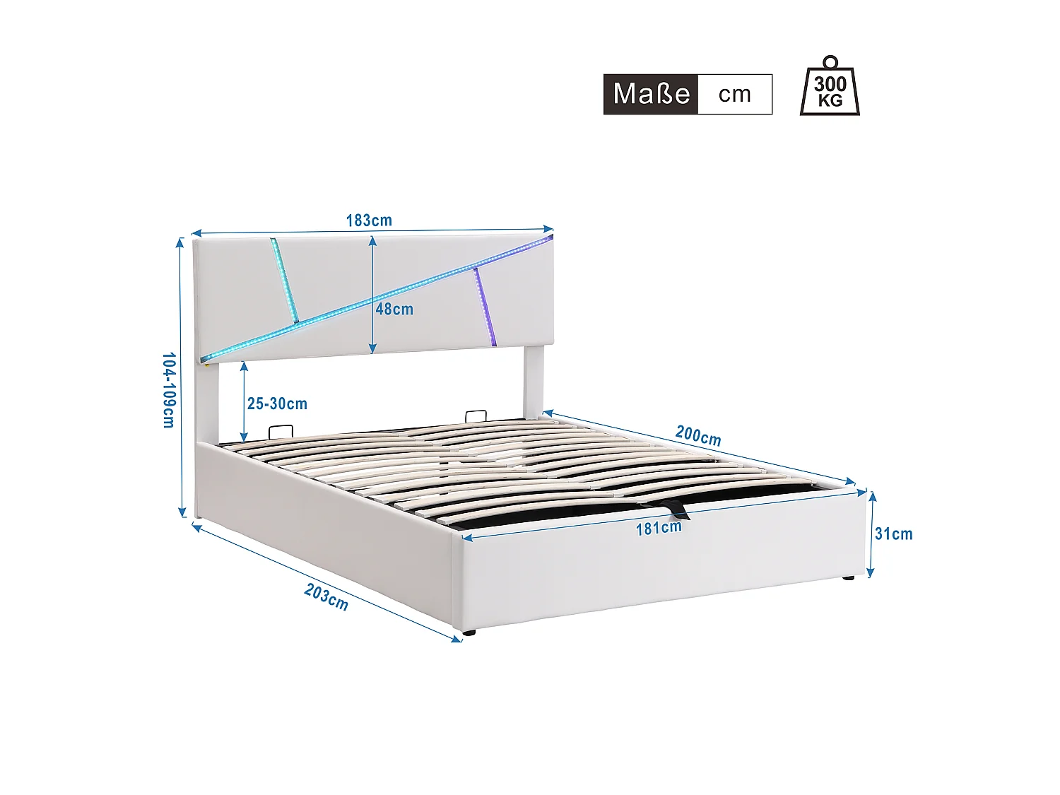 Opbergbed 180 x 200 cm - met LED - kunstleer en hout - lattenbodem - Kleur wit