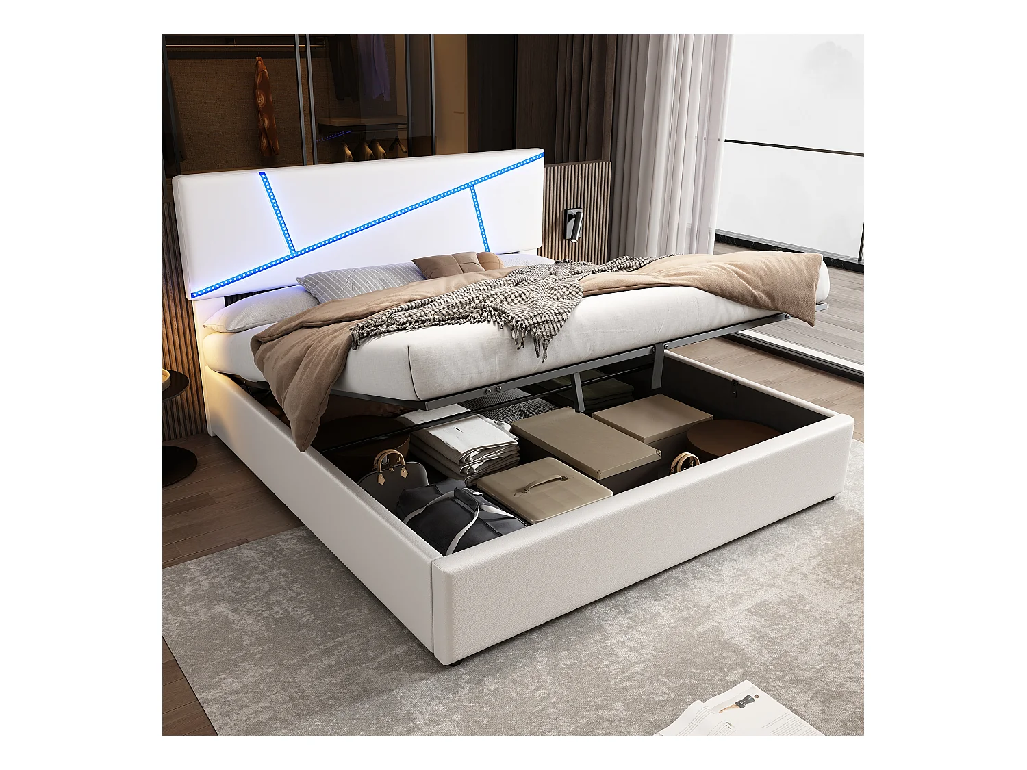 Lit coffre 180 x 200 cm - avec LED -  similicuir et bois - sommier à lattes - Coloris blanc