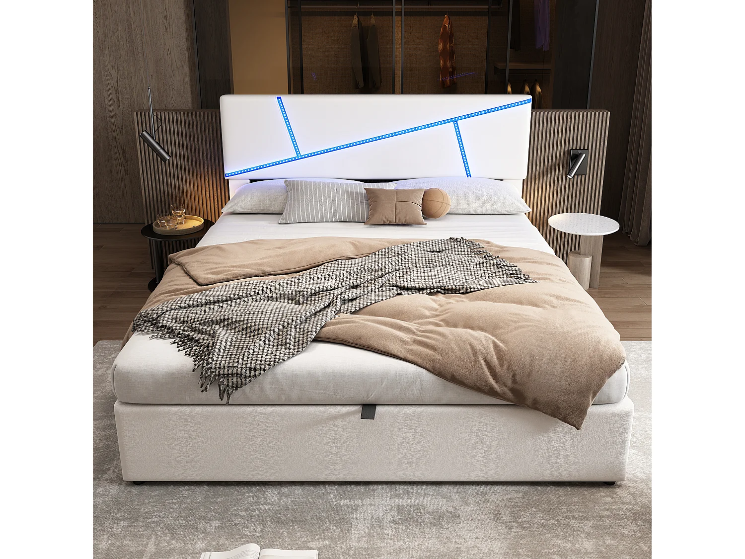 Lit coffre 180 x 200 cm - avec LED -  similicuir et bois - sommier à lattes - Coloris blanc