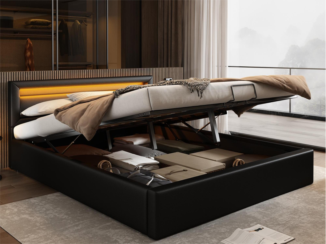 Opbergbed 140 x 200 cm in kunstleer lattenbodemdecor met LED moderne stijl zwart - Merax