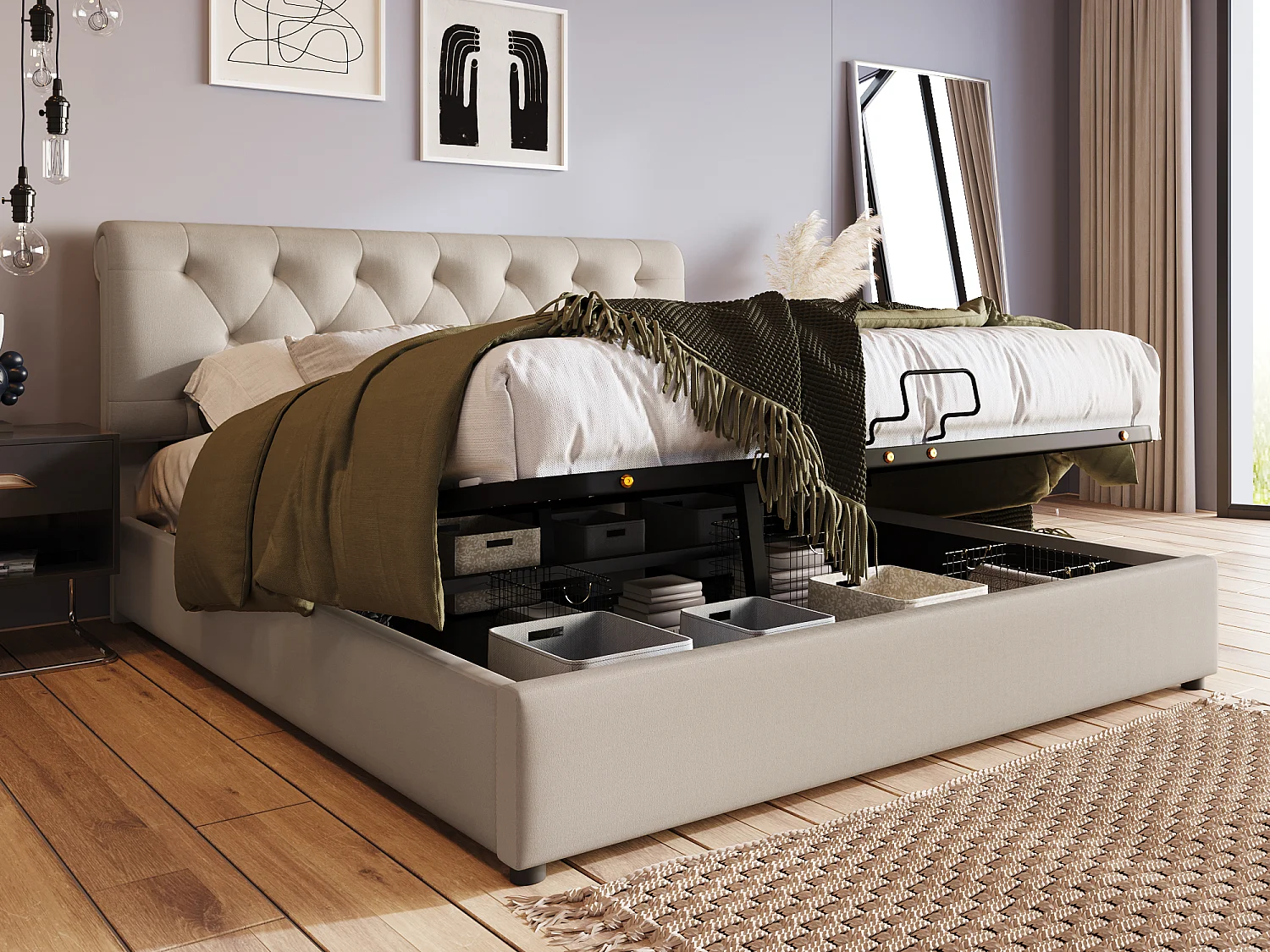 Letto contenitore con box contenitore - 160 x 200 cm - tessuto in lino - rete a doghe - colore naturale