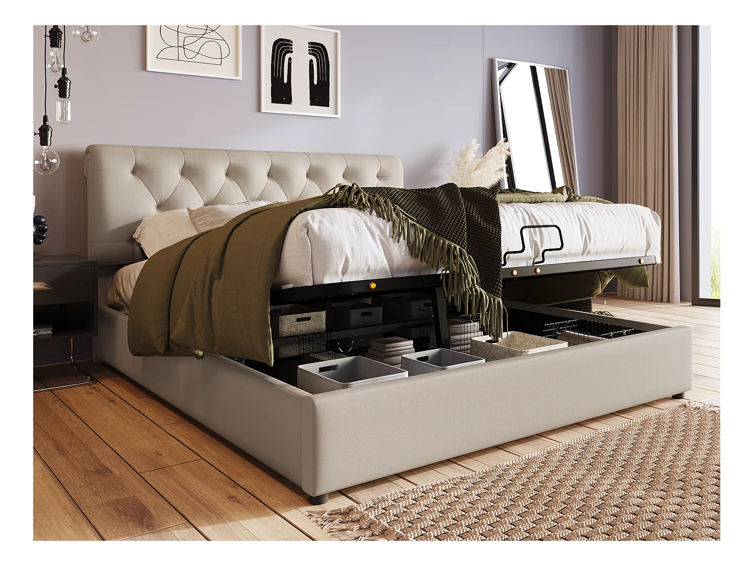 Bett mit Bettkasten und Aufbewahrungsbox – 160 x 200 cm – Leinenstoff – Lattenrost – Naturfarbe