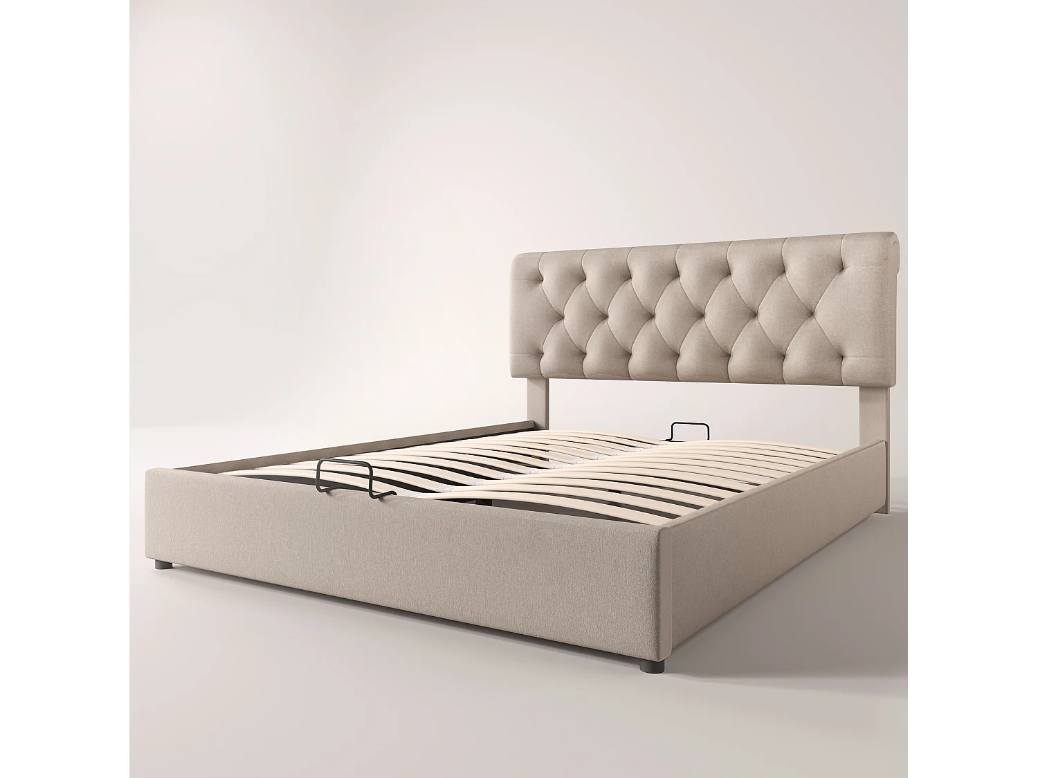 Cama contenedor con caja de almacenamiento - 160 x 200 cm - tela de lino - somier de láminas - color natural