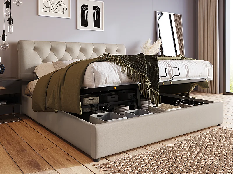 Letto contenitore con box contenitore - 160 x 200 cm - tessuto in lino - rete a doghe - colore naturale