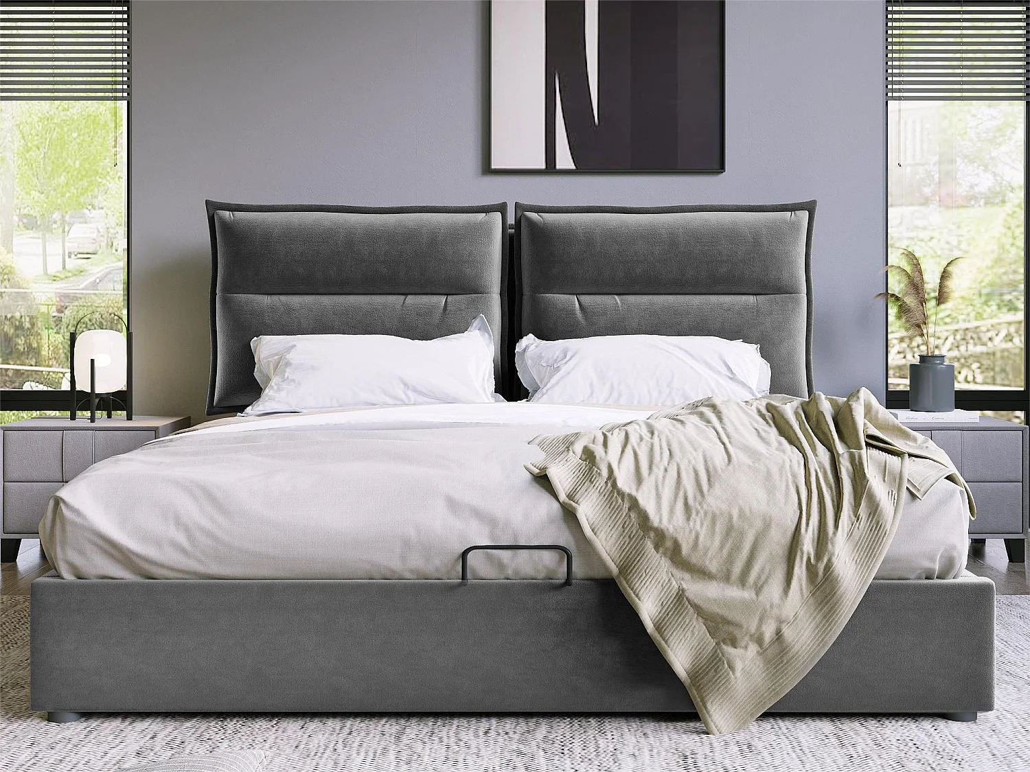 Letto contenitore con contenitore 140 x 200 cm - tessuto in velluto - rete a doghe - grigio