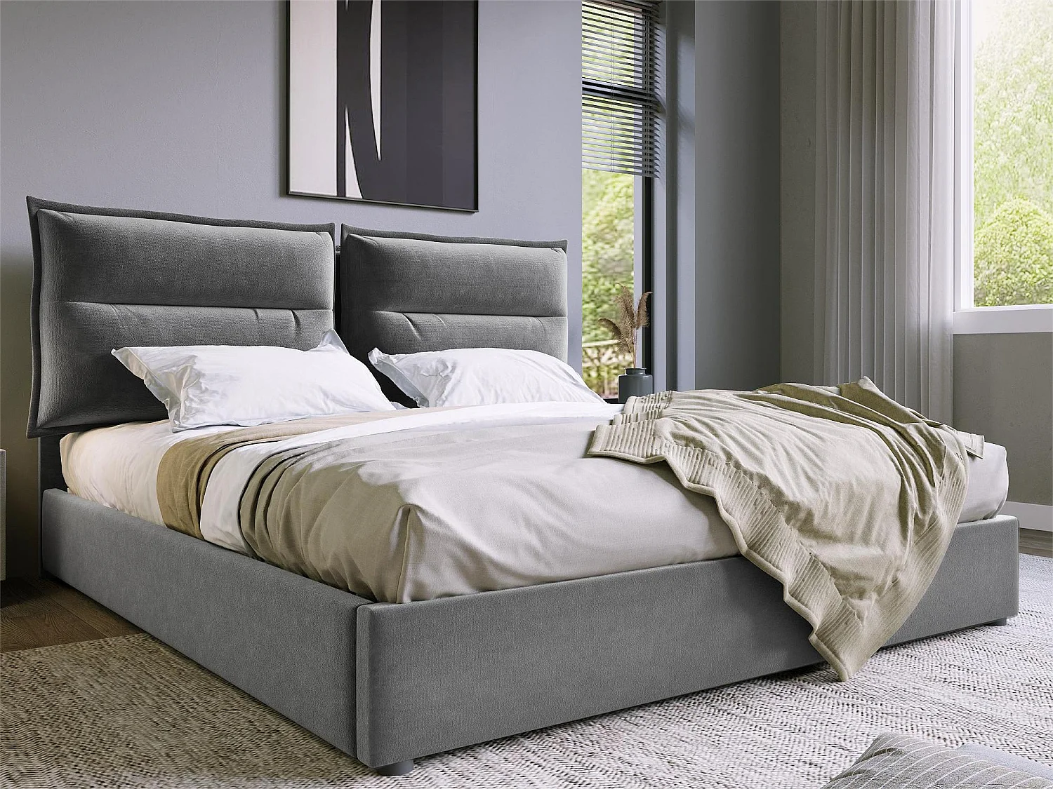 Letto contenitore con contenitore 140 x 200 cm - tessuto in velluto - rete a doghe - grigio