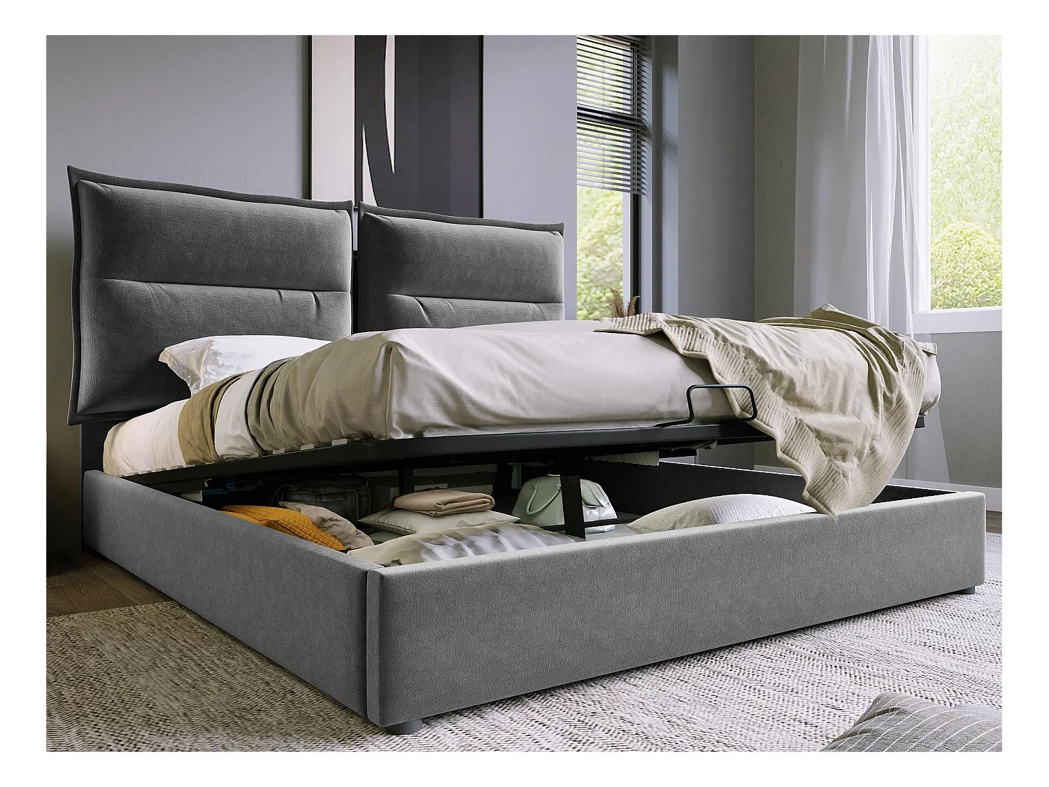 Opbergbed met opbergruimte 140 x 200 cm - stof fluweel - lattenbodem - grijs