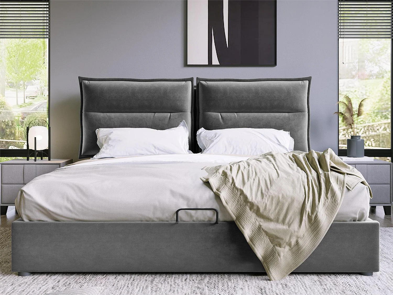 Letto contenitore con contenitore 140 x 200 cm - tessuto in velluto - rete a doghe - grigio