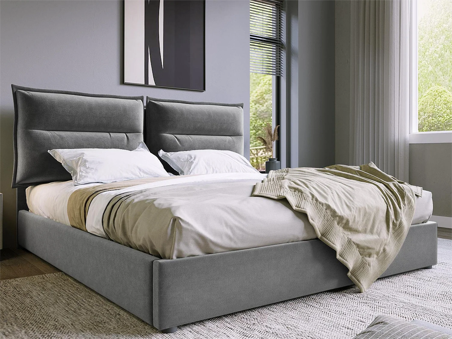 Letto contenitore con contenitore 140 x 200 cm - tessuto in velluto - rete a doghe - grigio