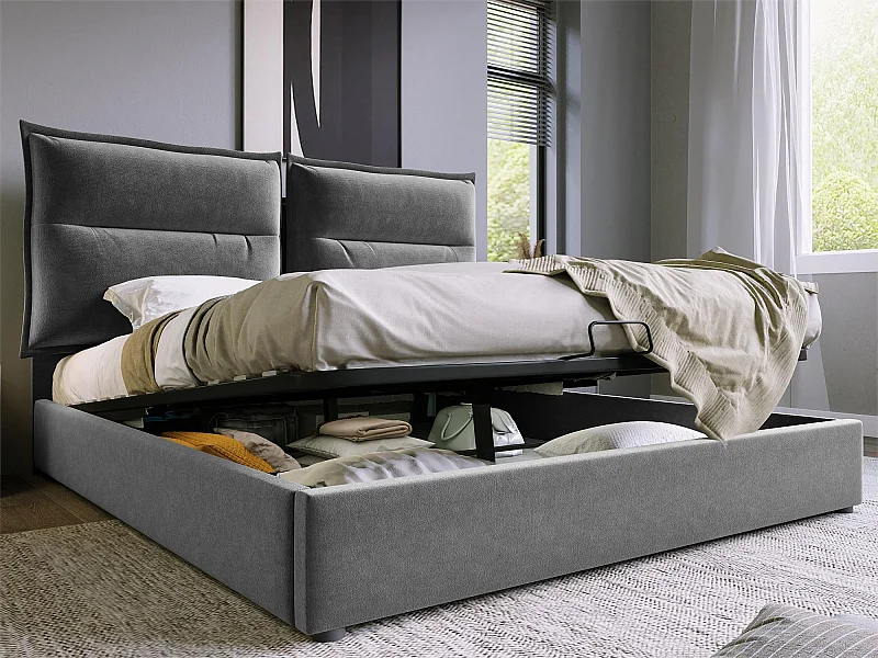 Lit coffre avec rangement 140 x 200 cm - tissu velours -  sommier à lattes - gris