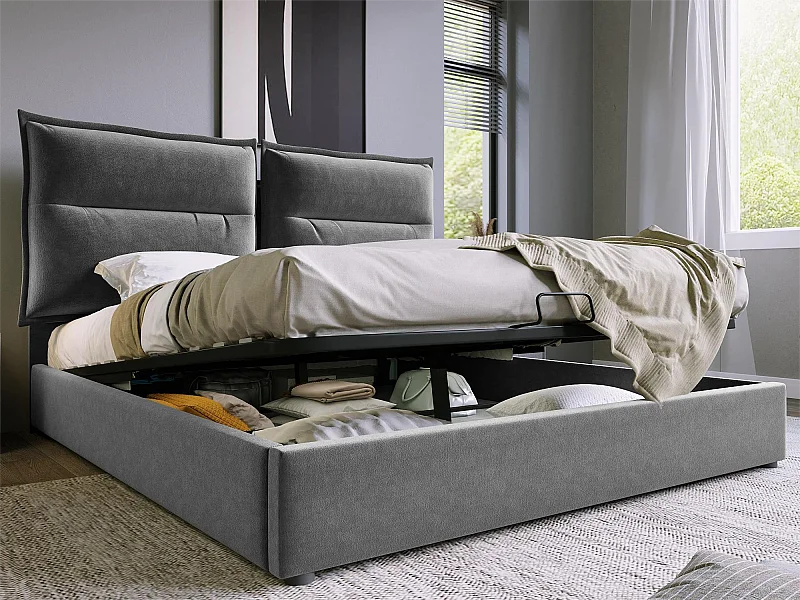 Lit coffre avec rangement 140 x 200 cm - tissu velours -  sommier à lattes - gris