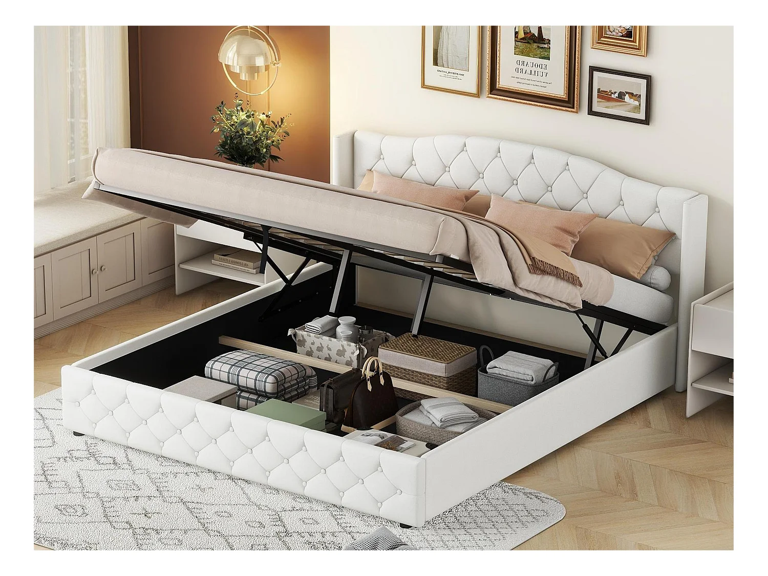 Lit coffre avec rangement - 180 x 200 cm - tissu lin - sommier à lattes - coloris blanc