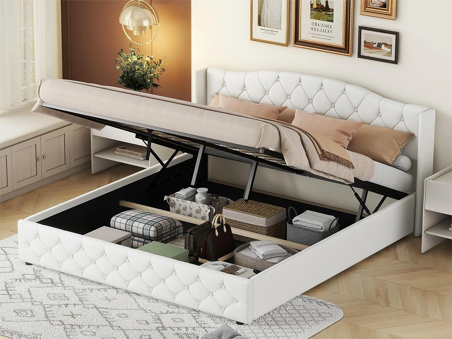 Lit coffre avec rangement - 180 x 200 cm - tissu lin - sommier à lattes - coloris blanc