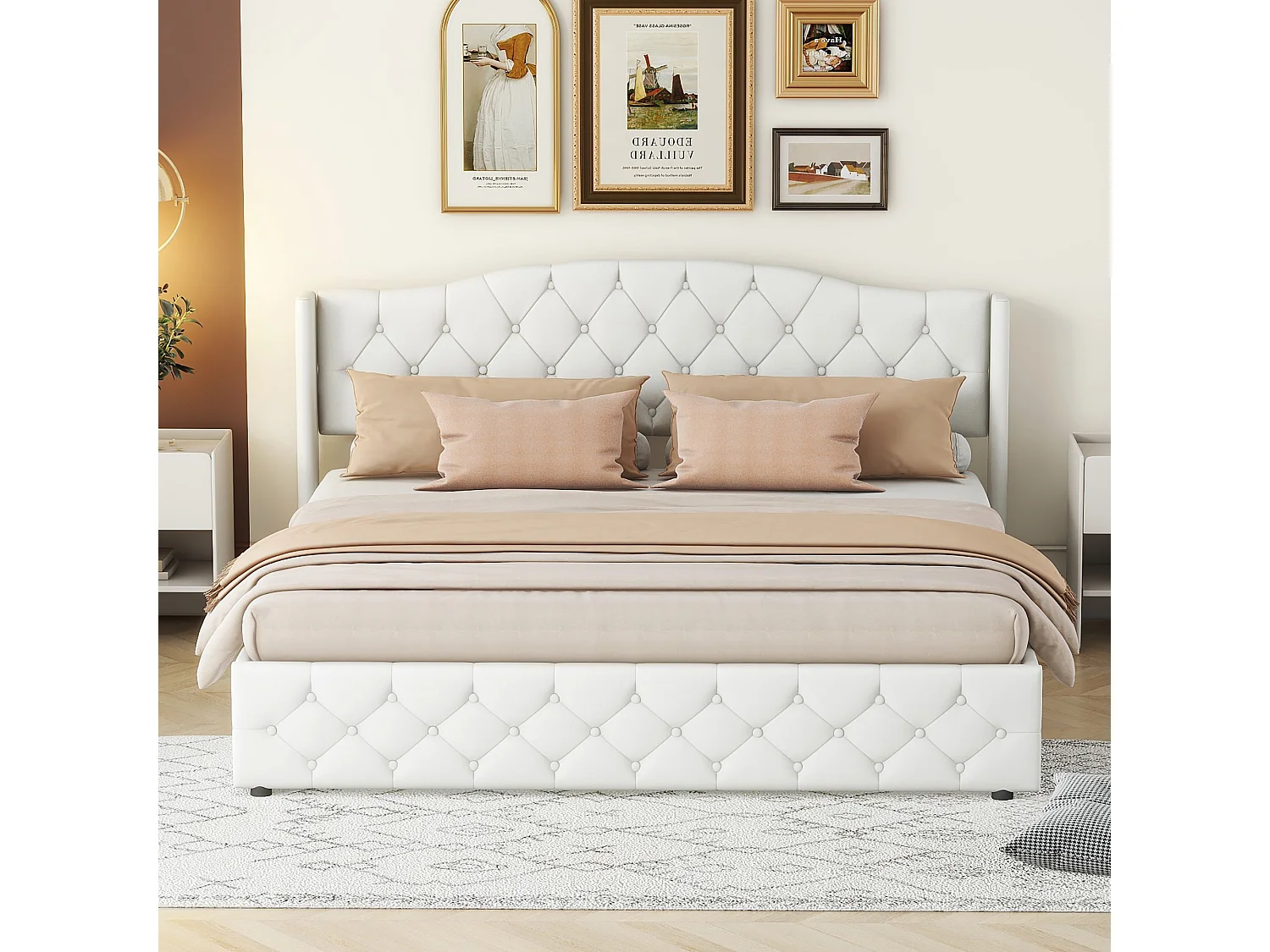 Lit coffre avec rangement - 180 x 200 cm - tissu lin - sommier à lattes - coloris blanc