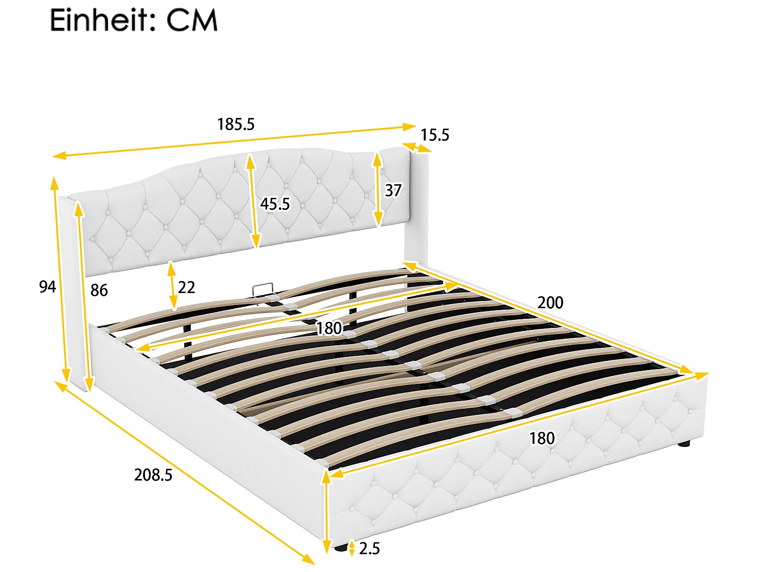 Lit coffre avec rangement - 180 x 200 cm - tissu lin - sommier à lattes - coloris blanc
