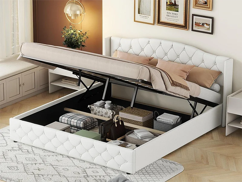 Opbergbed met opbergruimte - 180 x 200 cm - linnen stof - lattenbodem - kleur wit