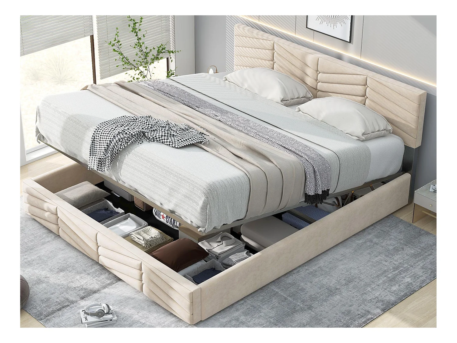 Lit coffre 140 x 200 cm - velours - sommier à lattes - tête de lit réglable - style contemporain - beige