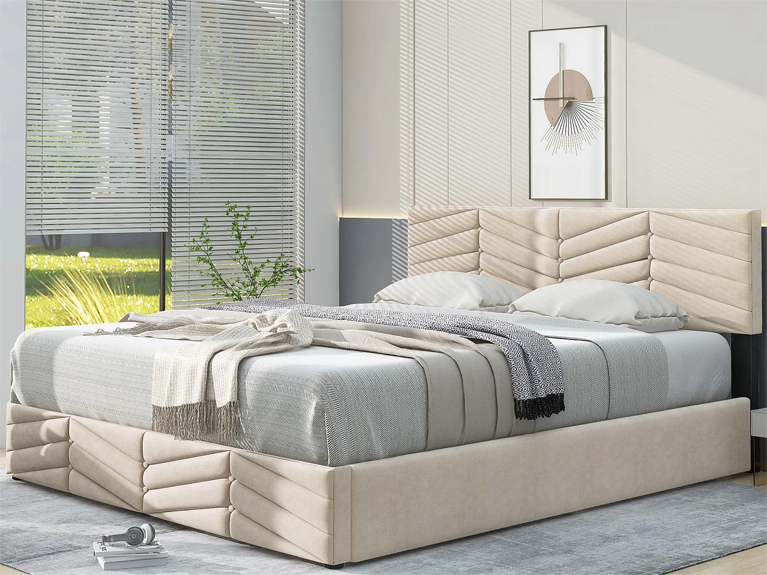 Bett mit Stauraum 140 x 200 cm – Samt – Lattenrost – verstellbares Kopfteil – moderner Stil – Beige