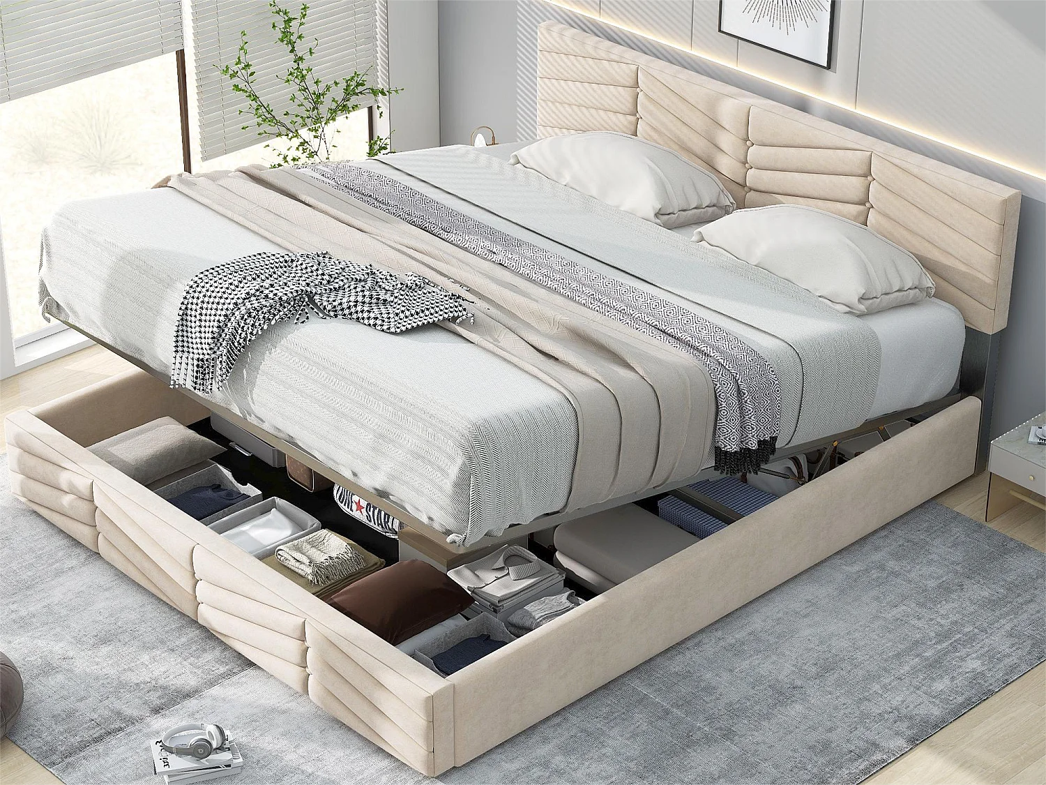 Lit coffre 140 x 200 cm - velours - sommier à lattes - tête de lit réglable - style contemporain - beige