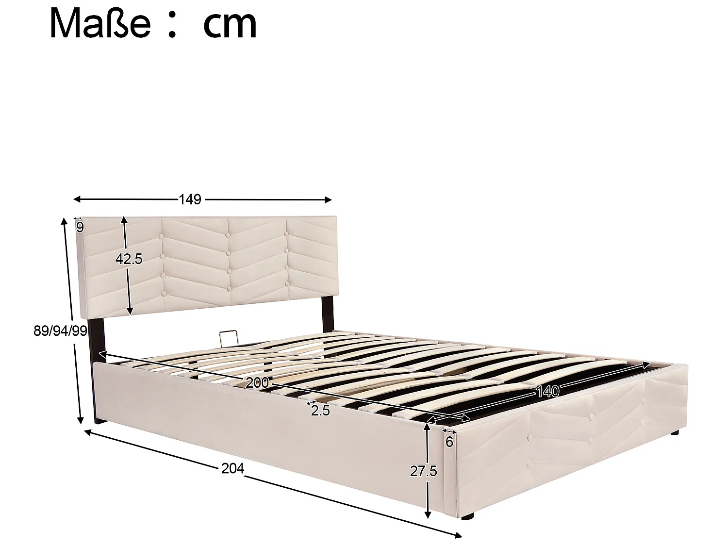 Lit coffre 140 x 200 cm - velours - sommier à lattes - tête de lit réglable - style contemporain - beige