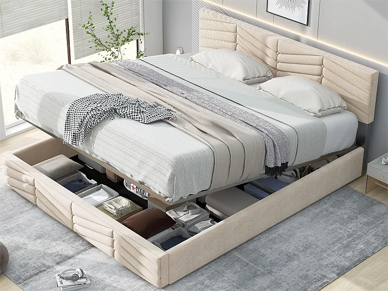 Bett mit Stauraum 140 x 200 cm – Samt – Lattenrost – verstellbares Kopfteil – moderner Stil – Beige