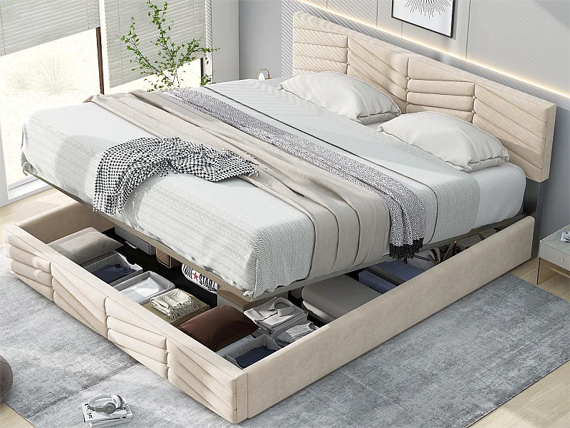 Łóżko ze schowkiem 140 x 200 cm - aksamit - stelaż listwowy - regulowany zagłówek - styl nowoczesny - beż