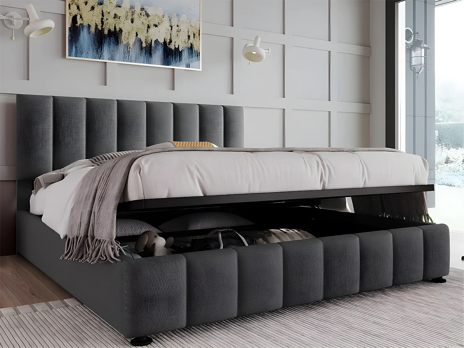 Opbergbed 140 x 200 cm - linnen stof - lattenbodem - kleur grijs