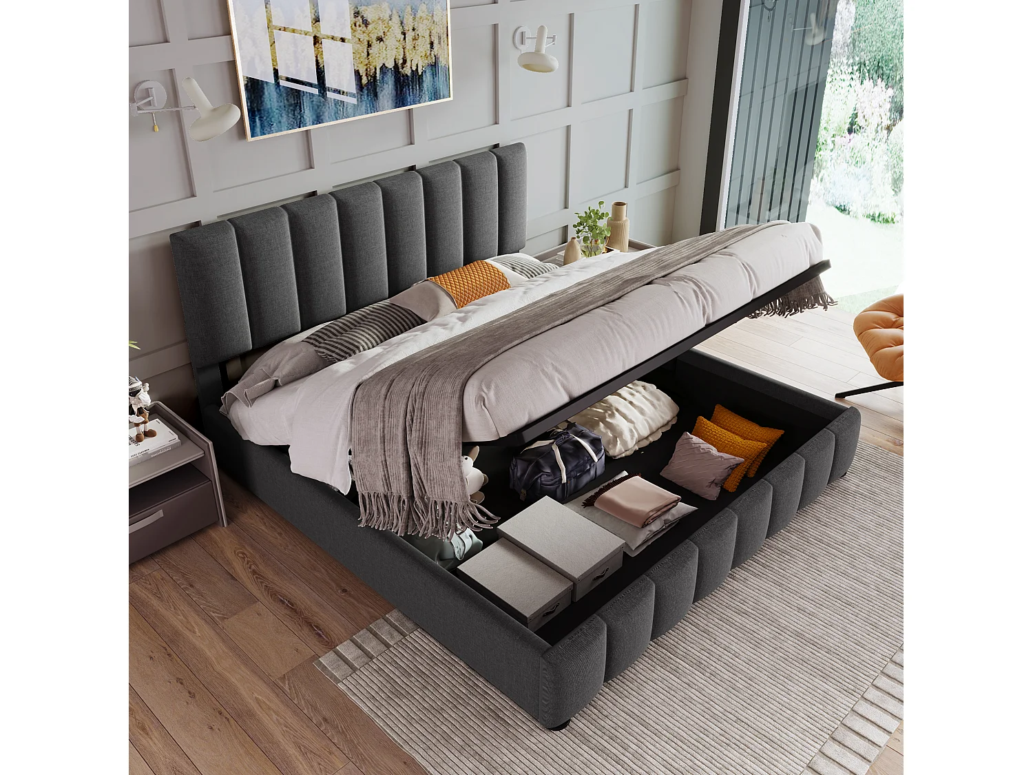 Opbergbed 140 x 200 cm - linnen stof - lattenbodem - kleur grijs