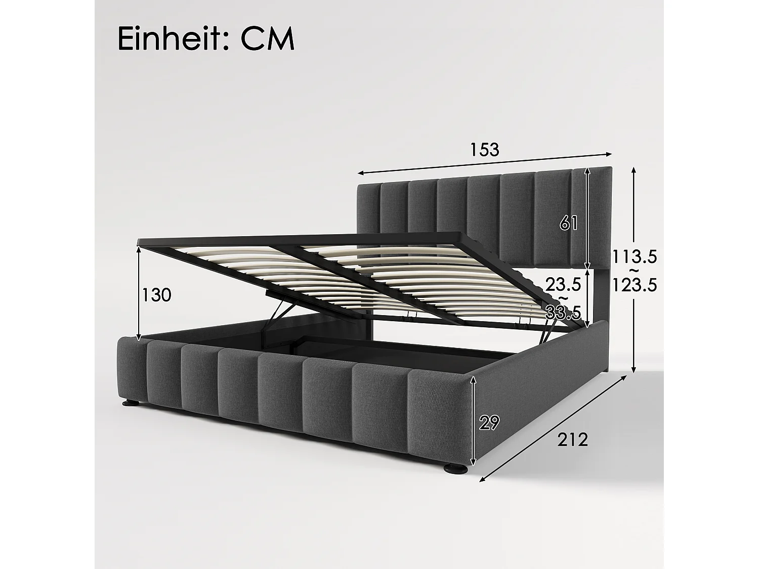 Opbergbed 140 x 200 cm - linnen stof - lattenbodem - kleur grijs