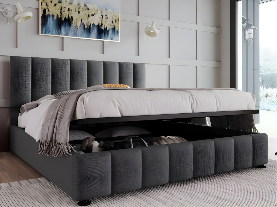 Lit coffre 140 x 200 cm - tissu lin - sommier à lattes - coloris gris