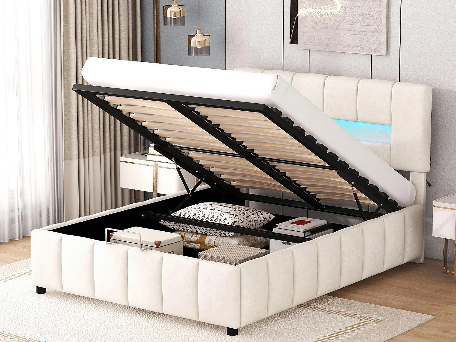 Tweepersoons opbergbed 140x200cm, gewatteerd bed, familiebed, platformbed met LED-verlichting, modern bedframe met opbergruimte, wit