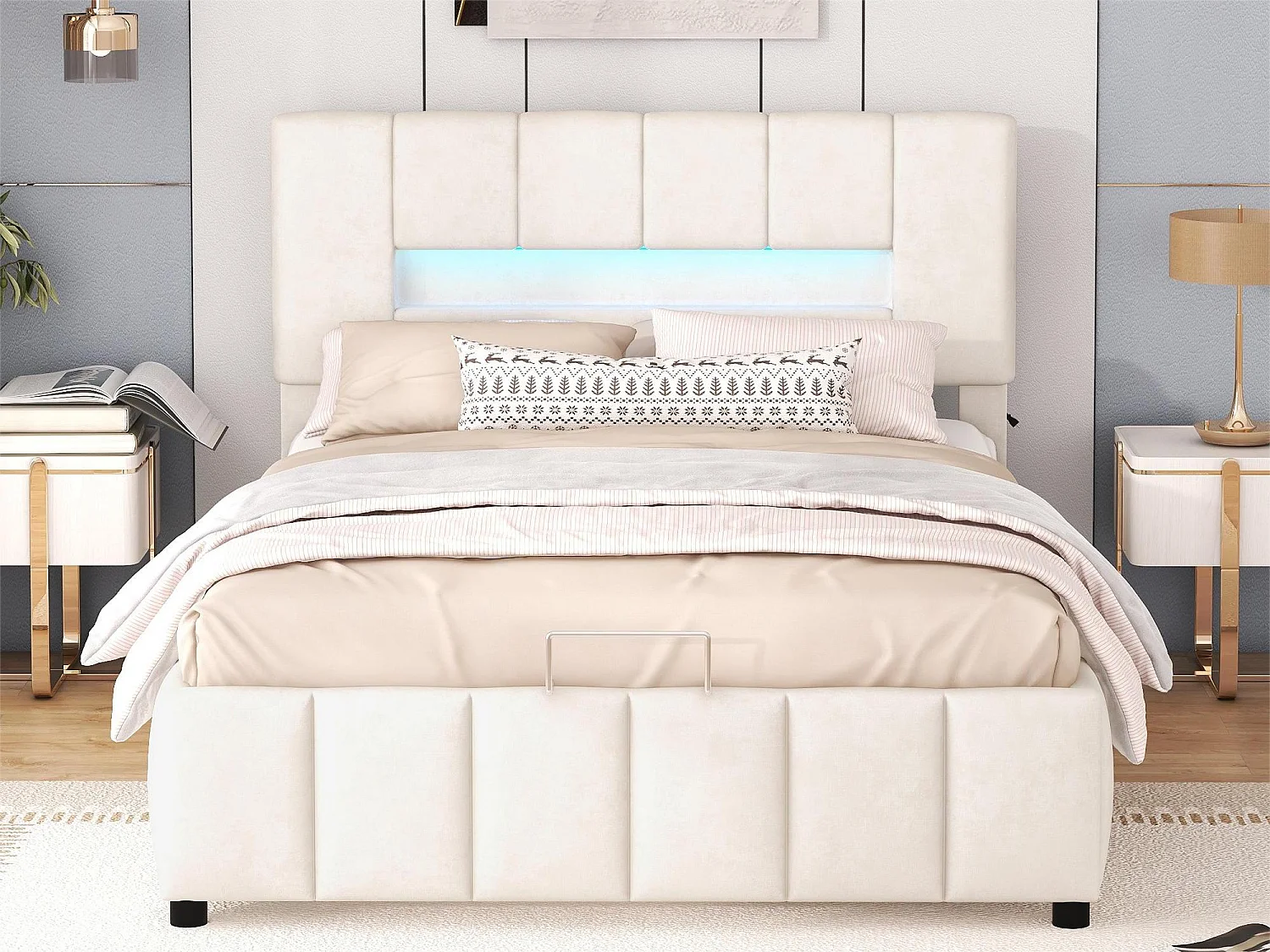 Tweepersoons opbergbed 140x200cm, gewatteerd bed, familiebed, platformbed met LED-verlichting, modern bedframe met opbergruimte, wit