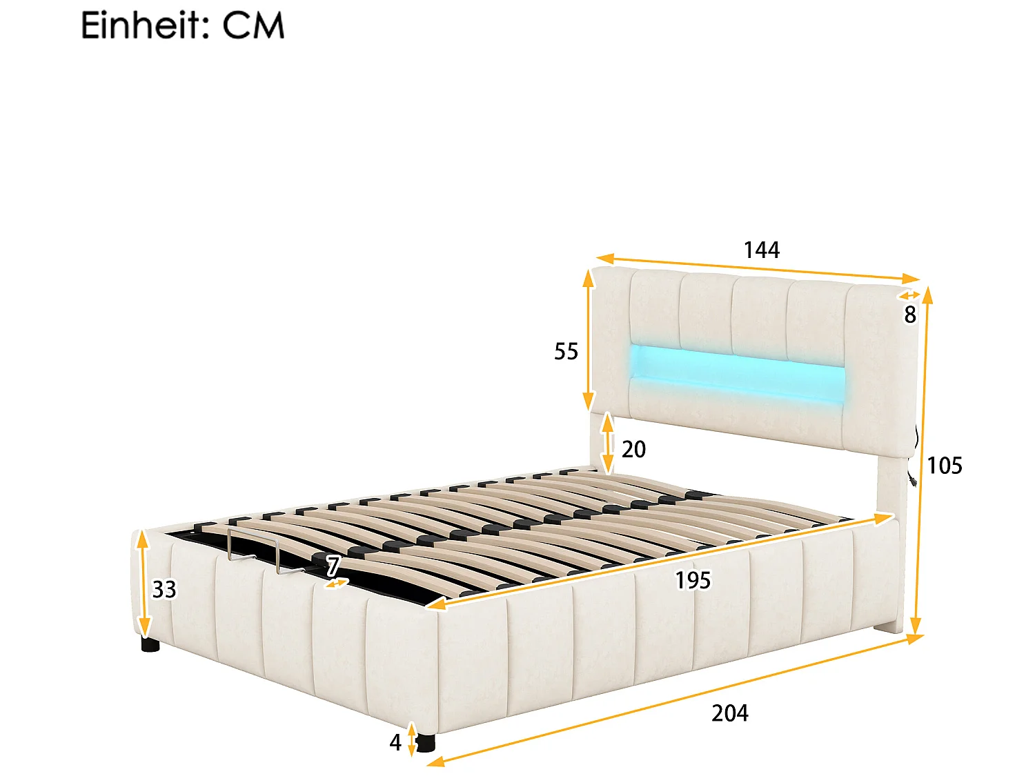 Tweepersoons opbergbed 140x200cm, gewatteerd bed, familiebed, platformbed met LED-verlichting, modern bedframe met opbergruimte, wit