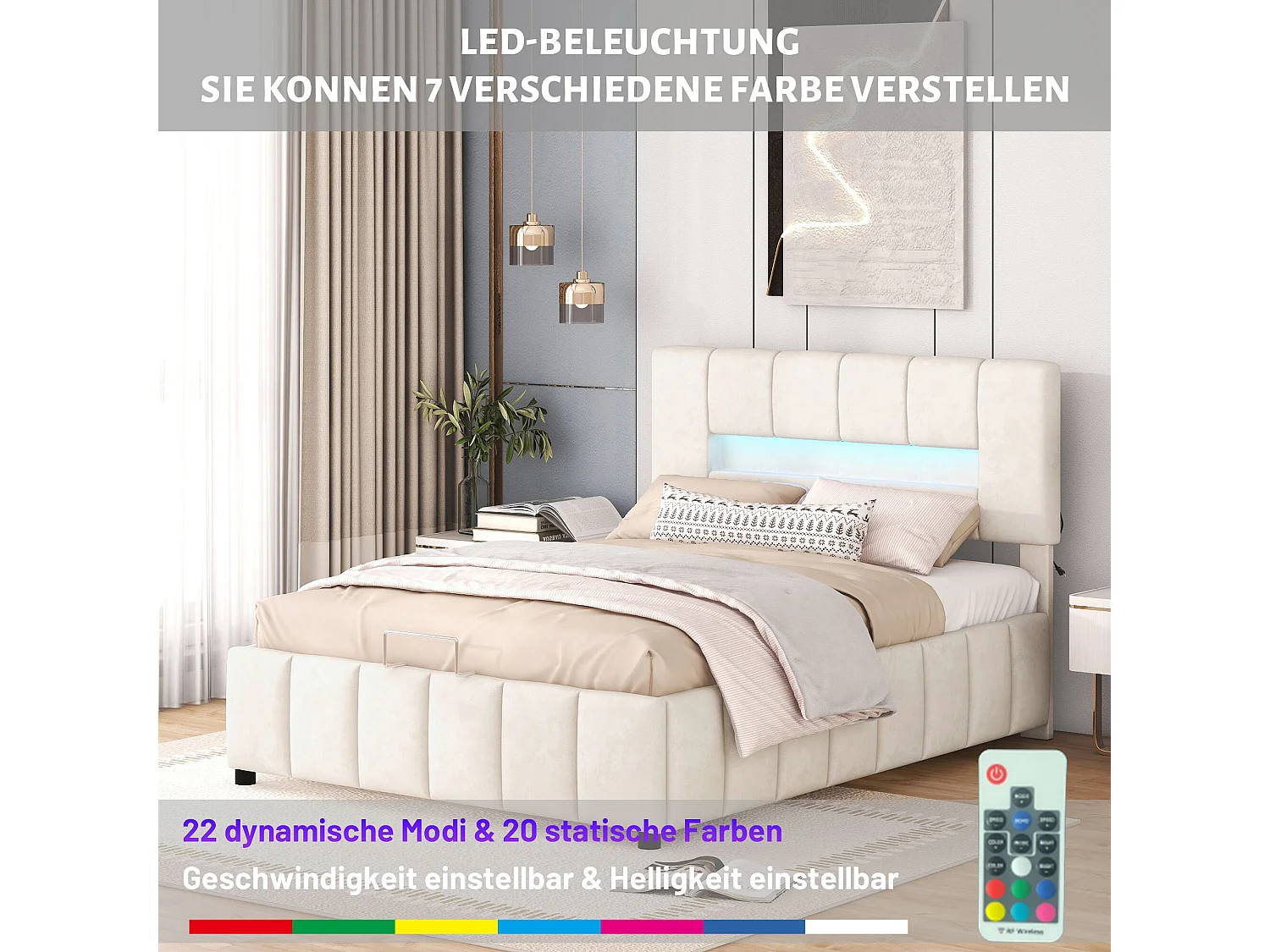 Tweepersoons opbergbed 140x200cm, gewatteerd bed, familiebed, platformbed met LED-verlichting, modern bedframe met opbergruimte, wit