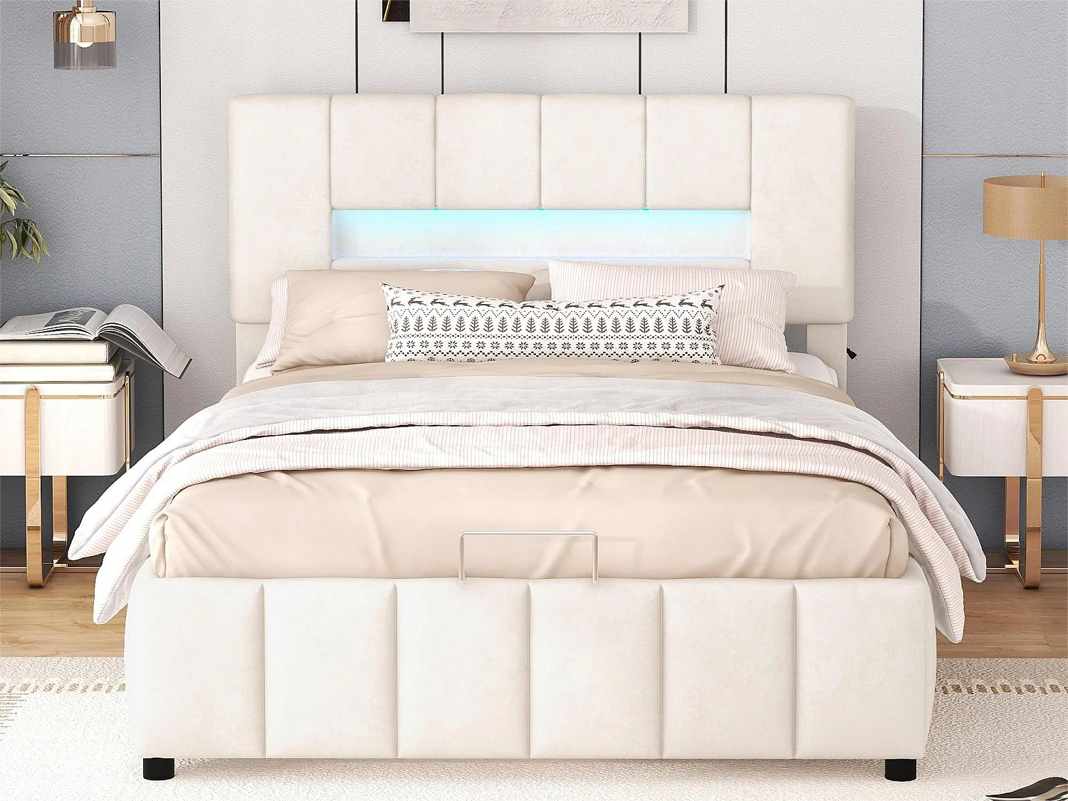 Tweepersoons opbergbed 140x200cm, gewatteerd bed, familiebed, platformbed met LED-verlichting, modern bedframe met opbergruimte, wit