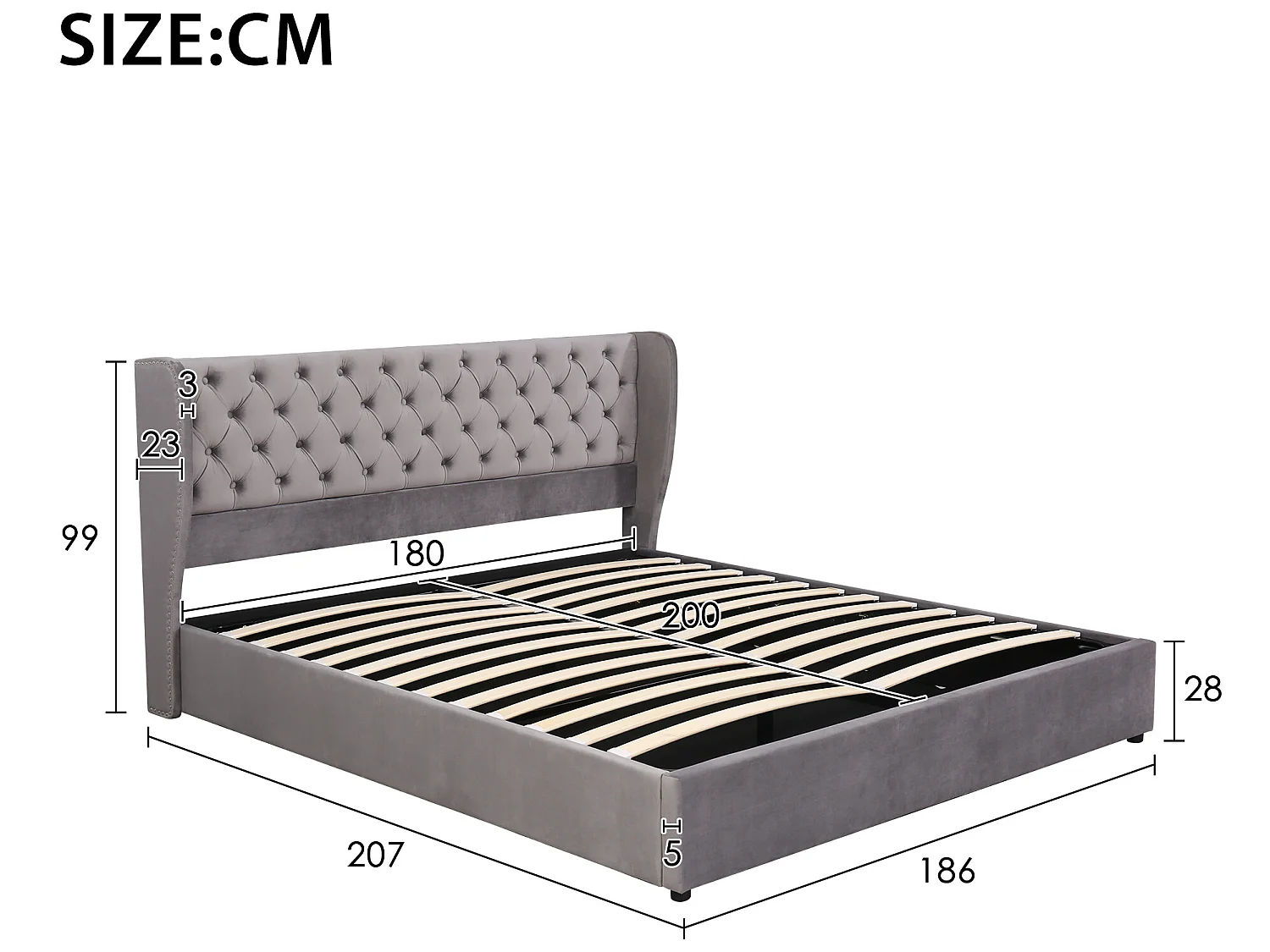 Stauraumbett mit Kopfteil – 180 x 200 cm – Samt – Lattenrost – moderner Stil – Grau