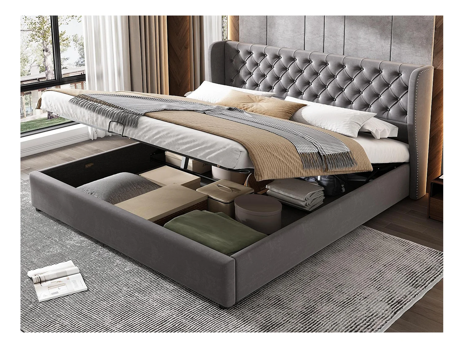 Opbergbed met hoofdeinde - 180 x 200 cm - fluweel - lattenbodem - eigentijdse stijl - grijs