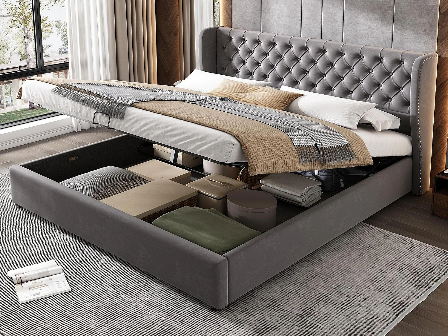 Cama contenedor con cabecero - 180 x 200 cm - terciopelo - somier de láminas - estilo contemporáneo - gris