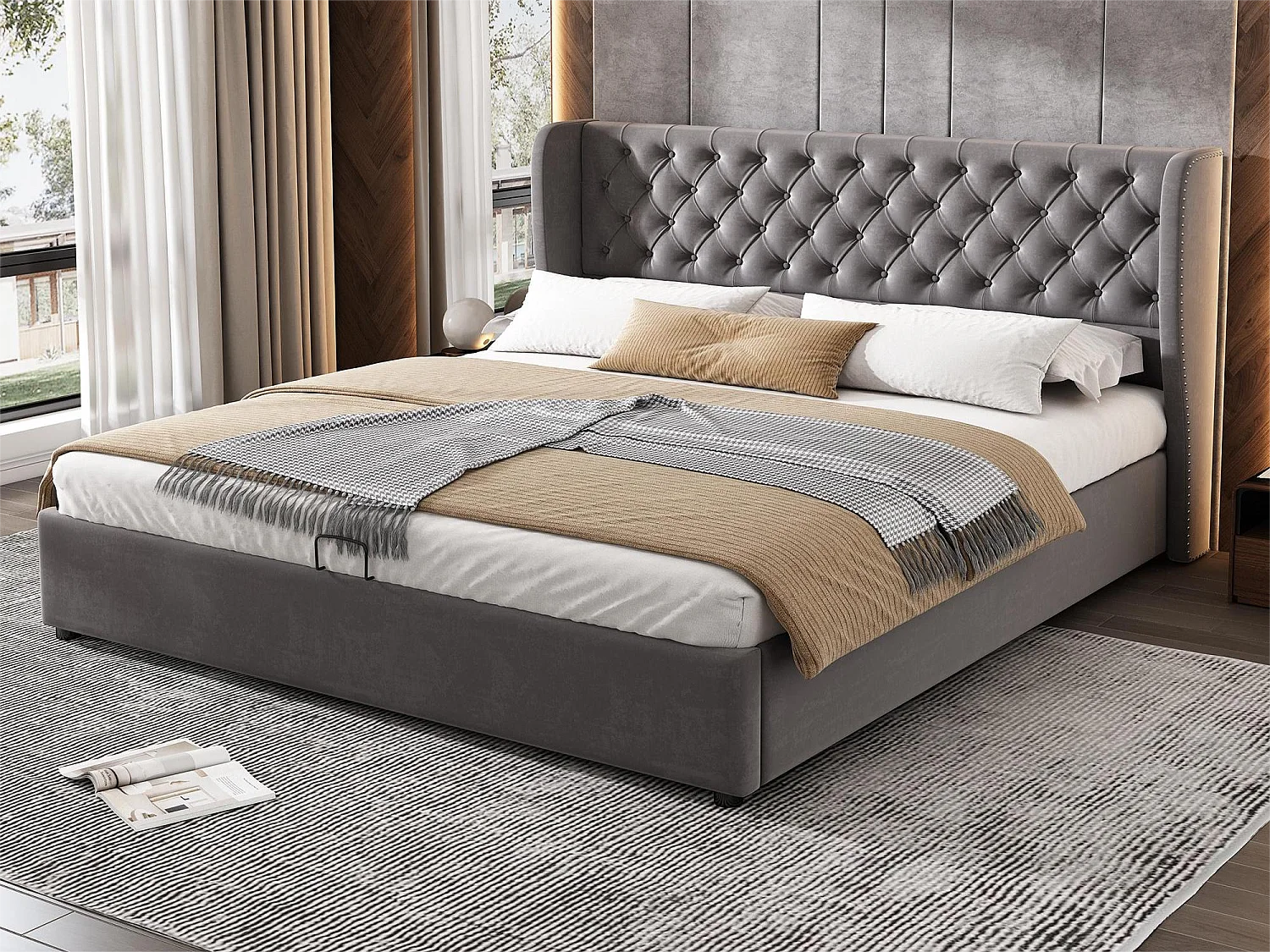 Cama contenedor con cabecero - 180 x 200 cm - terciopelo - somier de láminas - estilo contemporáneo - gris