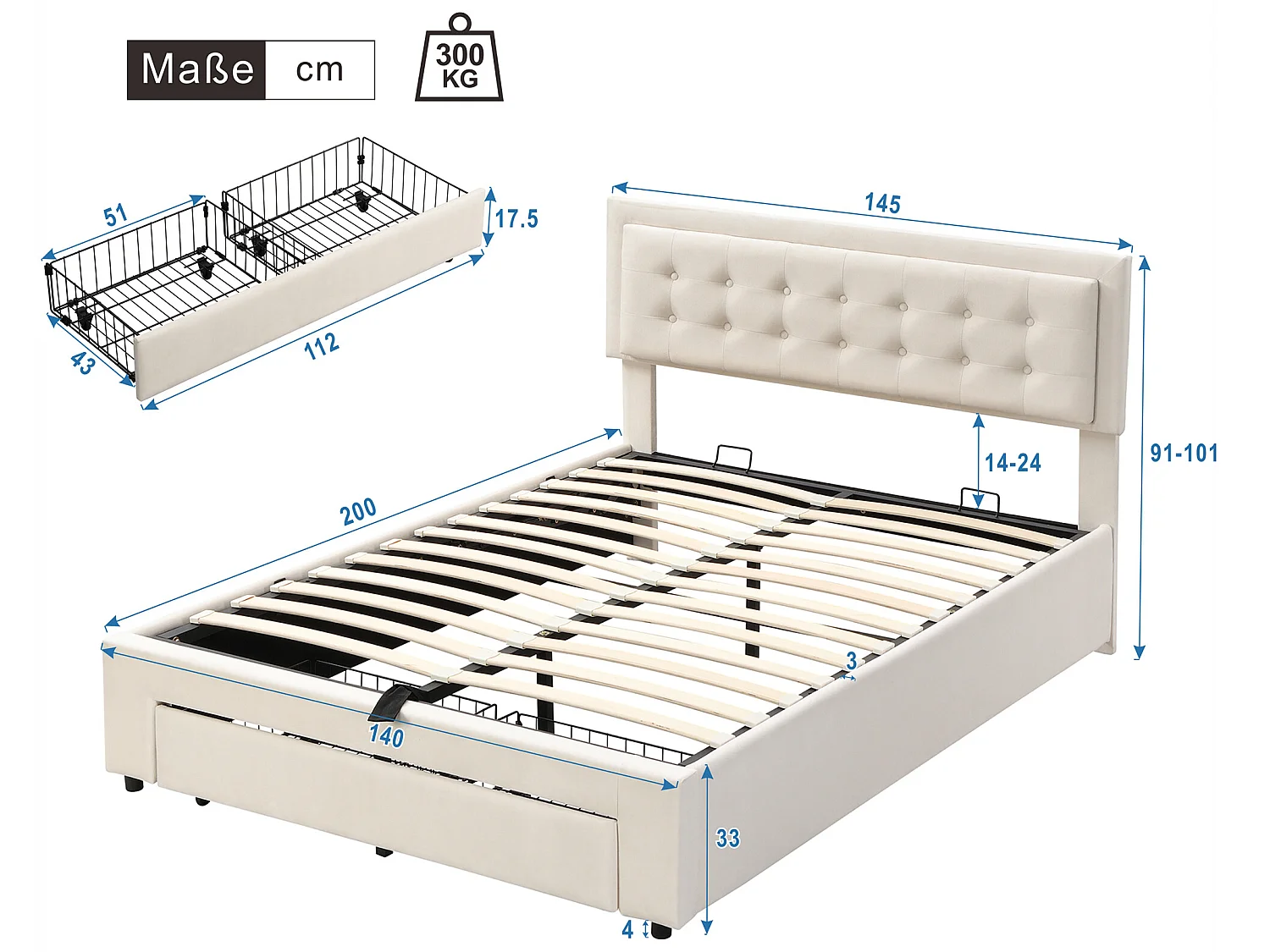 Lit coffre avec tête de lit - 140 x 200 cm - 2 tiroirs - velours - sommier à lattes - style contemporain - blanc