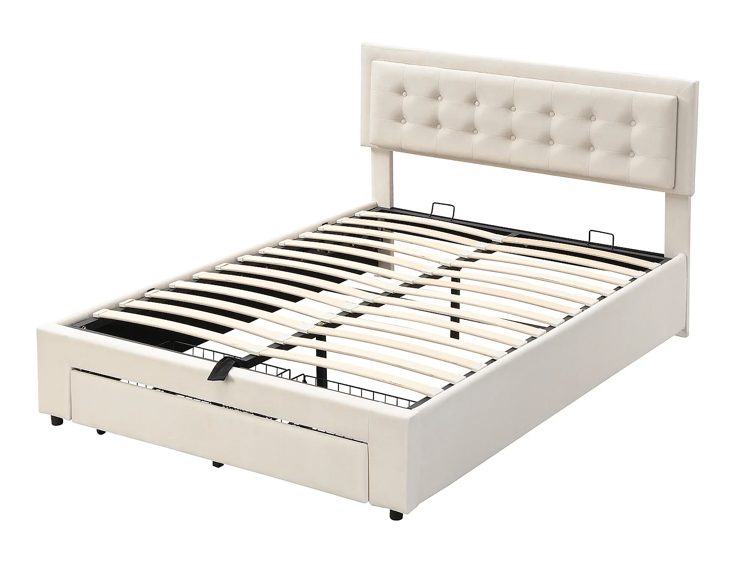 Lit coffre avec tête de lit - 140 x 200 cm - 2 tiroirs - velours - sommier à lattes - style contemporain - blanc