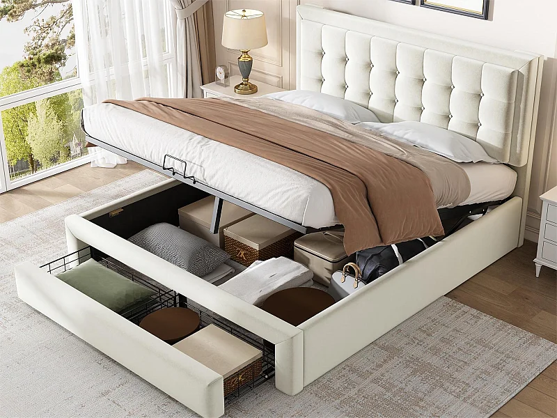 Opbergbed met hoofdeinde - 140 x 200 cm - 2 lades - fluweel - lattenbodem - eigentijdse stijl - wit