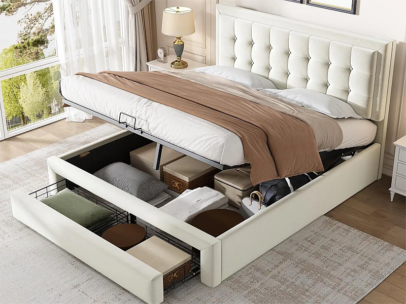 Letto contenitore con testiera - 140 x 200 cm - 2 cassetti - velluto - rete a doghe - stile contemporaneo - bianco