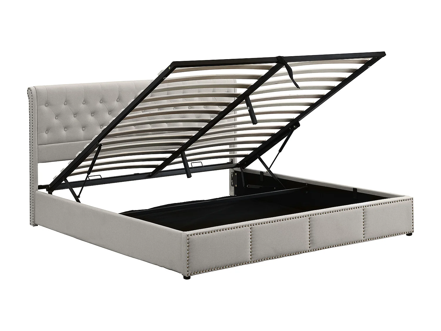 Lit coffre avec tête de lit - 160 x 200 cm - coton-lin - sommier à lattes - style contemporain - gris blanc