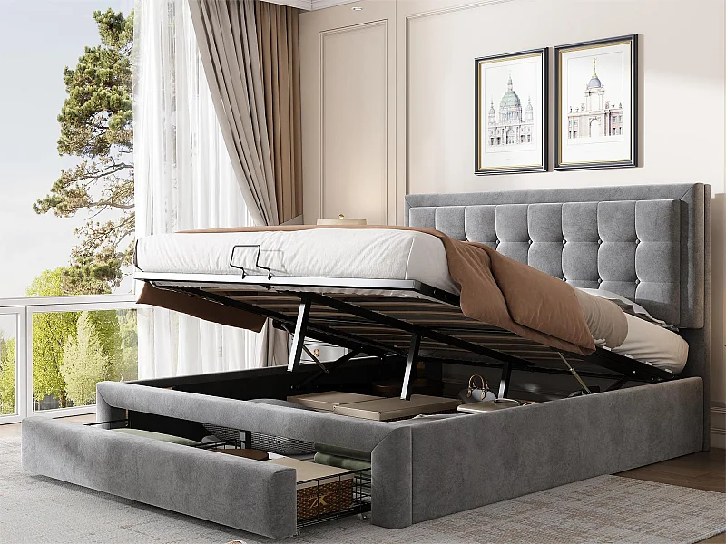 Lit coffre adulte 140x200cm avec 2 tiroirs, rembourré en velours, grand espace de rangement, style contemporain, gris