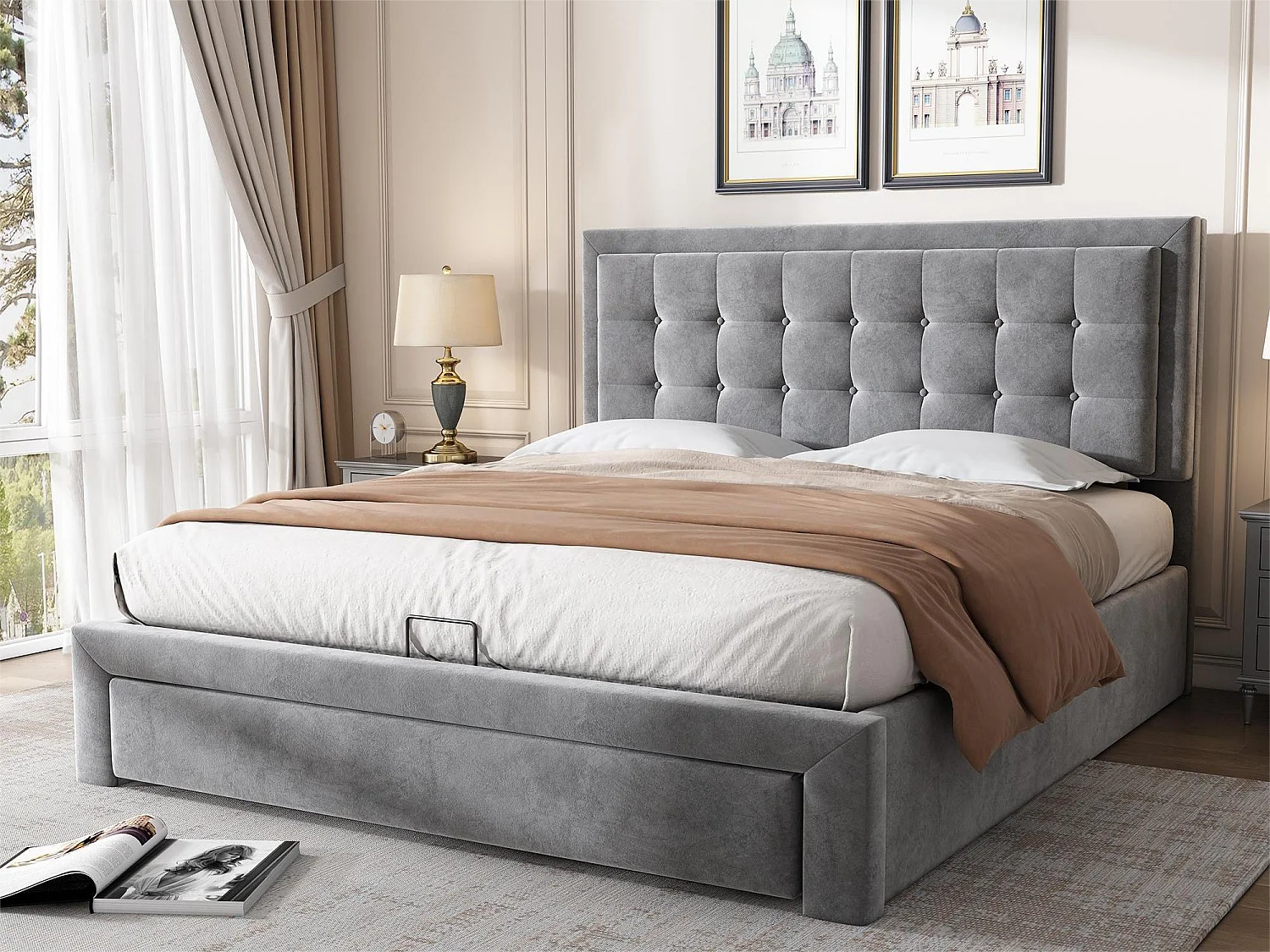 Opbergbed voor volwassenen 140x200cm met 2 laden, bekleed met fluweel, grote opbergruimte, eigentijdse stijl, grijs