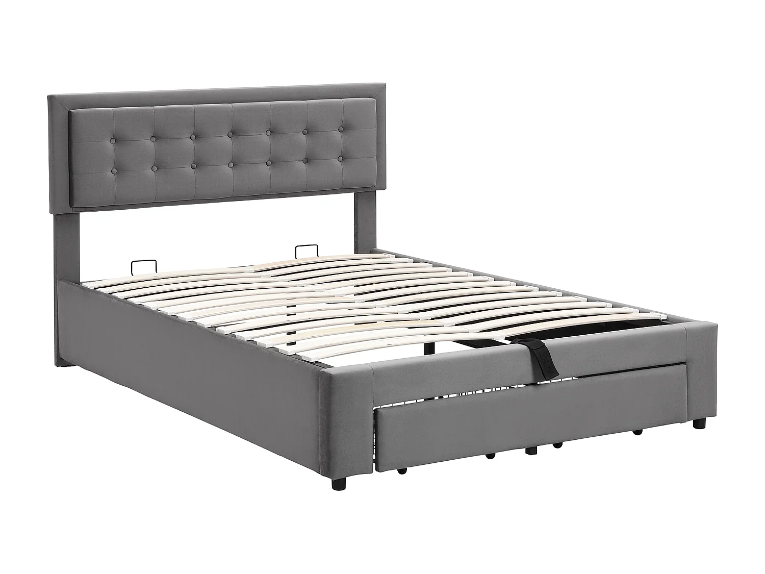 Opbergbed voor volwassenen 140x200cm met 2 laden, bekleed met fluweel, grote opbergruimte, eigentijdse stijl, grijs