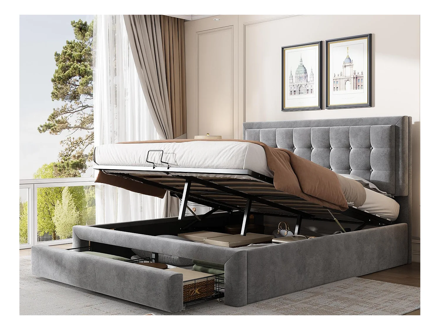 Lit coffre adulte 140x200cm avec 2 tiroirs, rembourré en velours, grand espace de rangement, style contemporain, gris