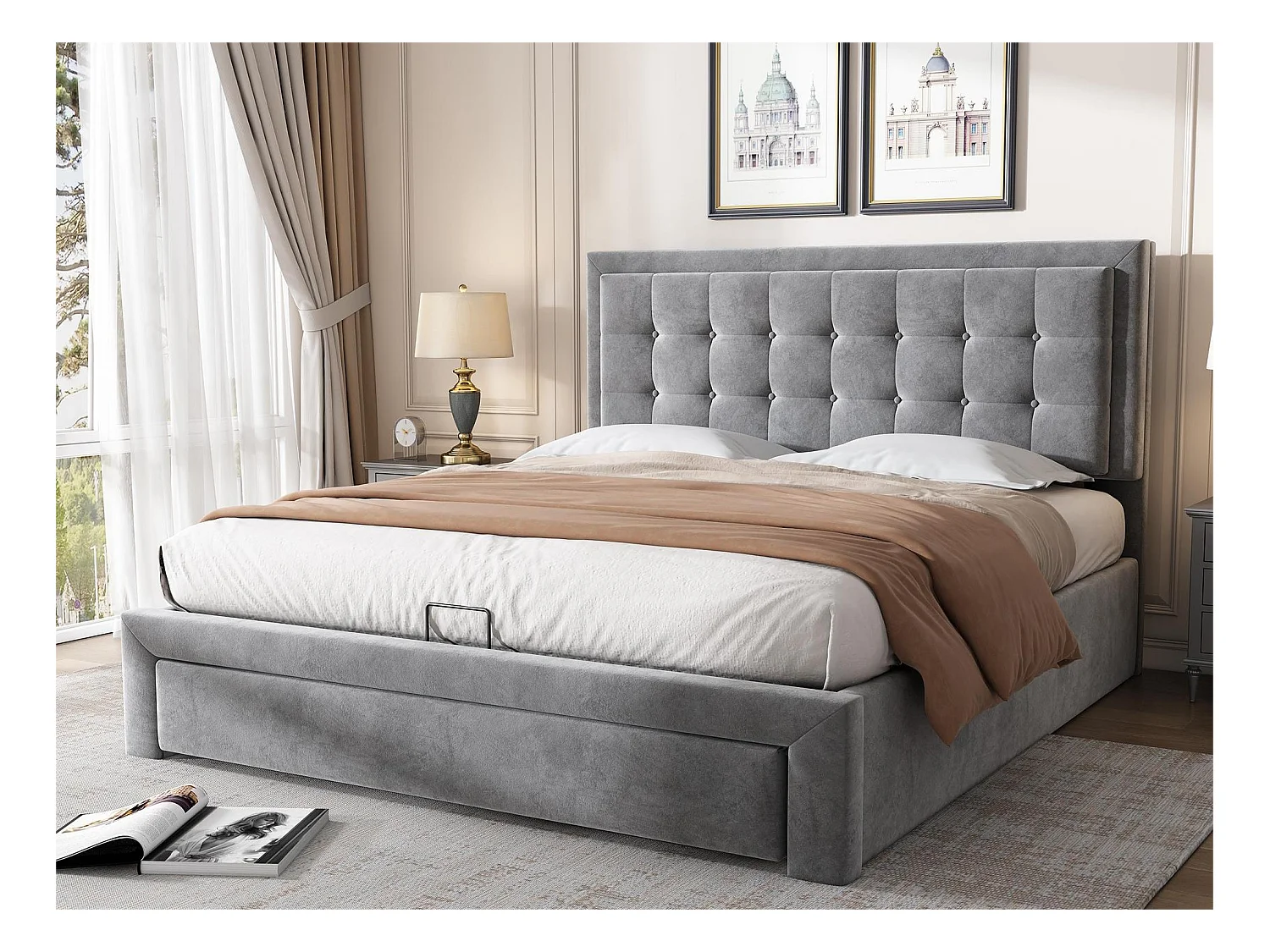 Cama de arrumação para adulto 140x200cm com 2 gavetas, estofada em veludo, grande espaço de arrumação, estilo contemporâneo, cinza