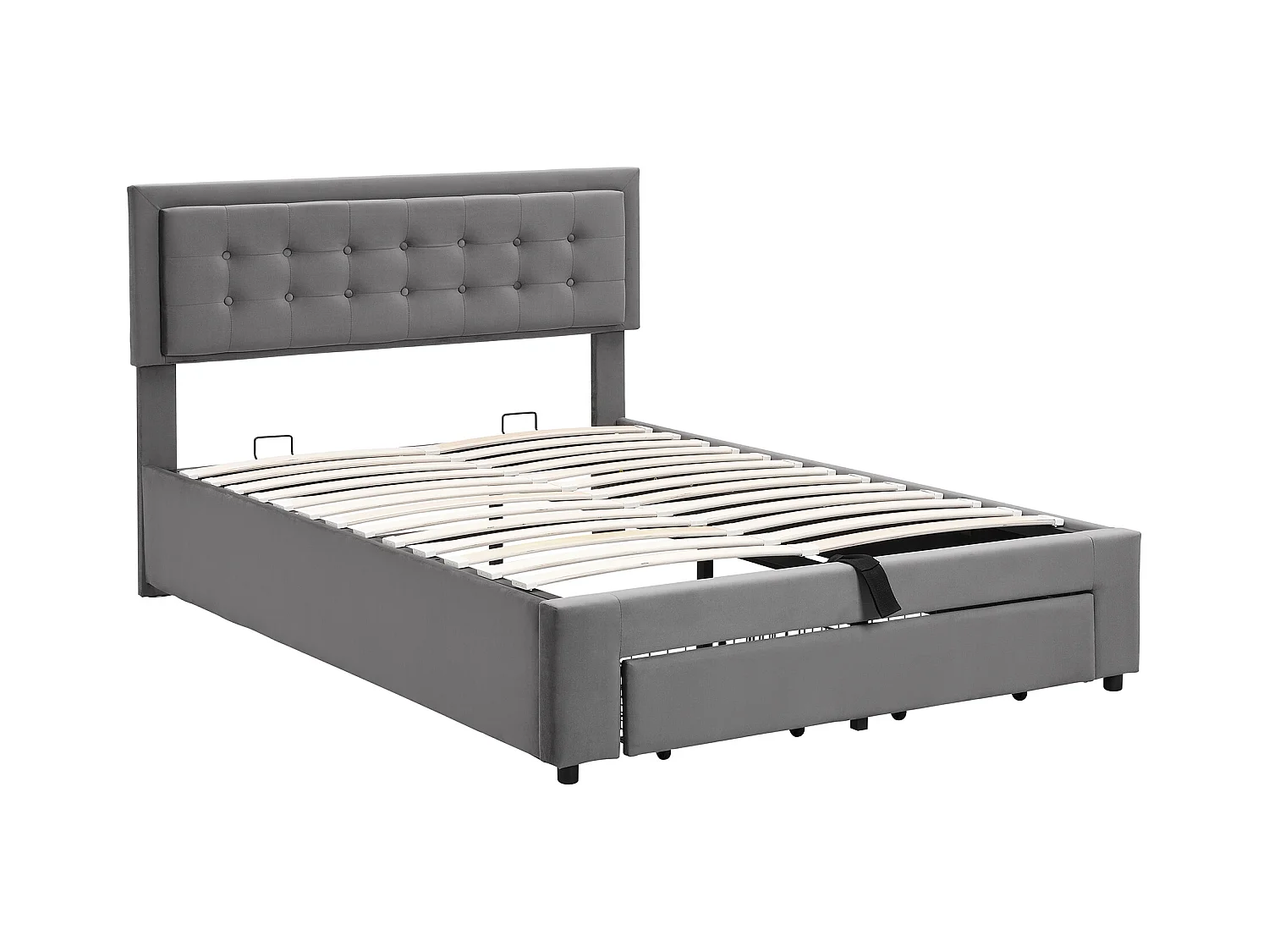 Cama de arrumação para adulto 140x200cm com 2 gavetas, estofada em veludo, grande espaço de arrumação, estilo contemporâneo, cinza